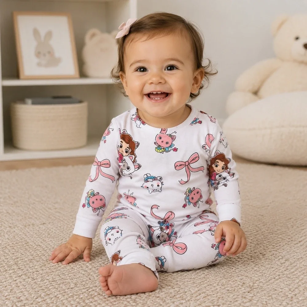 DreamWorks Gabbys Dollhouse Baby Girls 2PC‎ Pajama Set White Pink 12M NWT